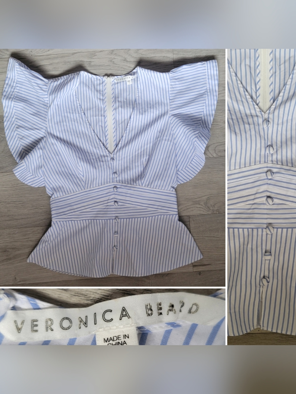 Veronica Beard Han Top Flutter Sleeve Peplum Ruffle Blue White Stripe, Women 0